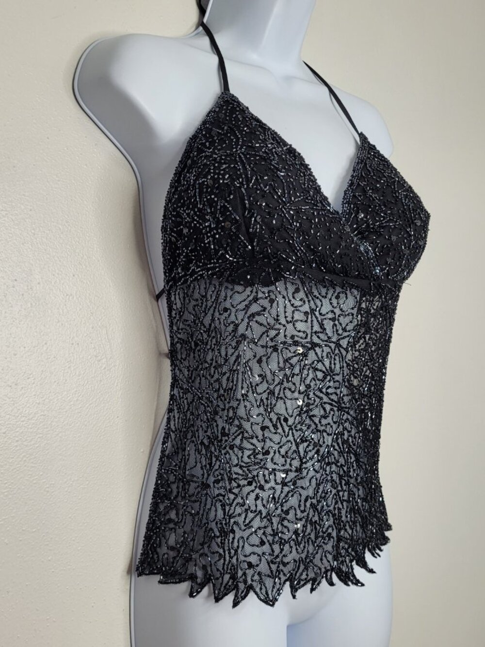 Black beaded tie back rave party clubbing going out semi sheer top - Picture 2 of 5